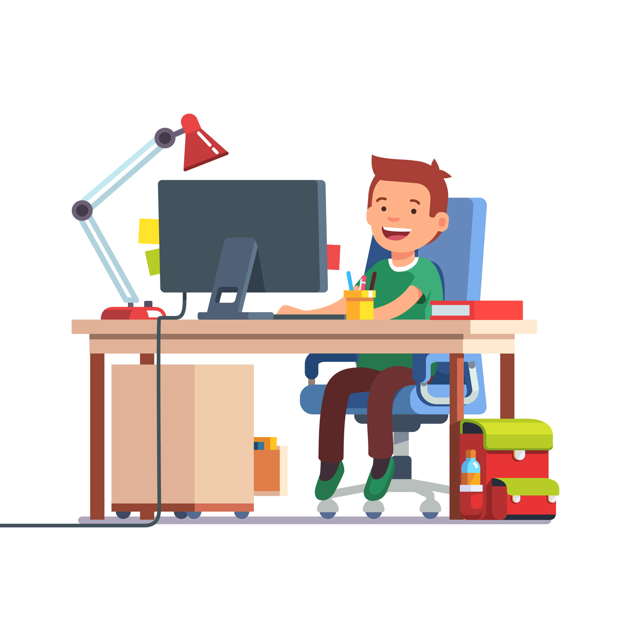 School kid boy studying in front of the computer Young school kid boy studying sitting in front of the desktop computer at her home desk. Doing homework at daddy workplace. Flat style color modern vector illustration.